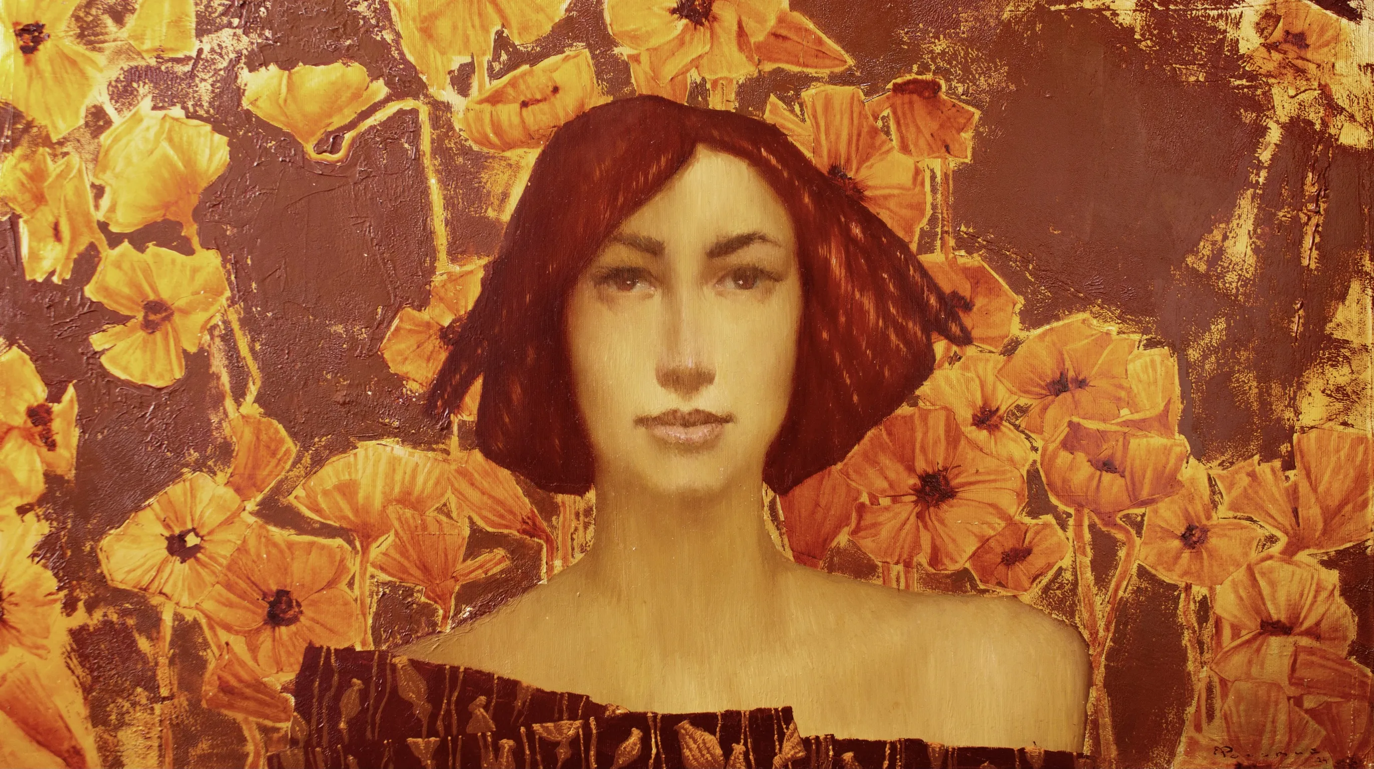 Image of Golden poppies . by Artem Rohovyi, size: 40x70, made of Oil, canvas, gold, Painting medium, priced at $1500