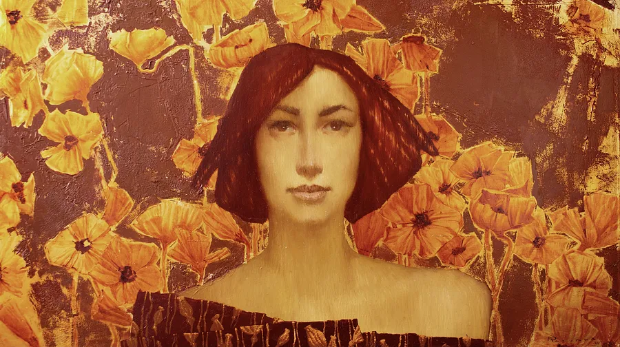Image of Golden poppies . by Artem Rohovyi, size: 40x70, made of Oil, canvas, gold, Painting medium, priced at $1500