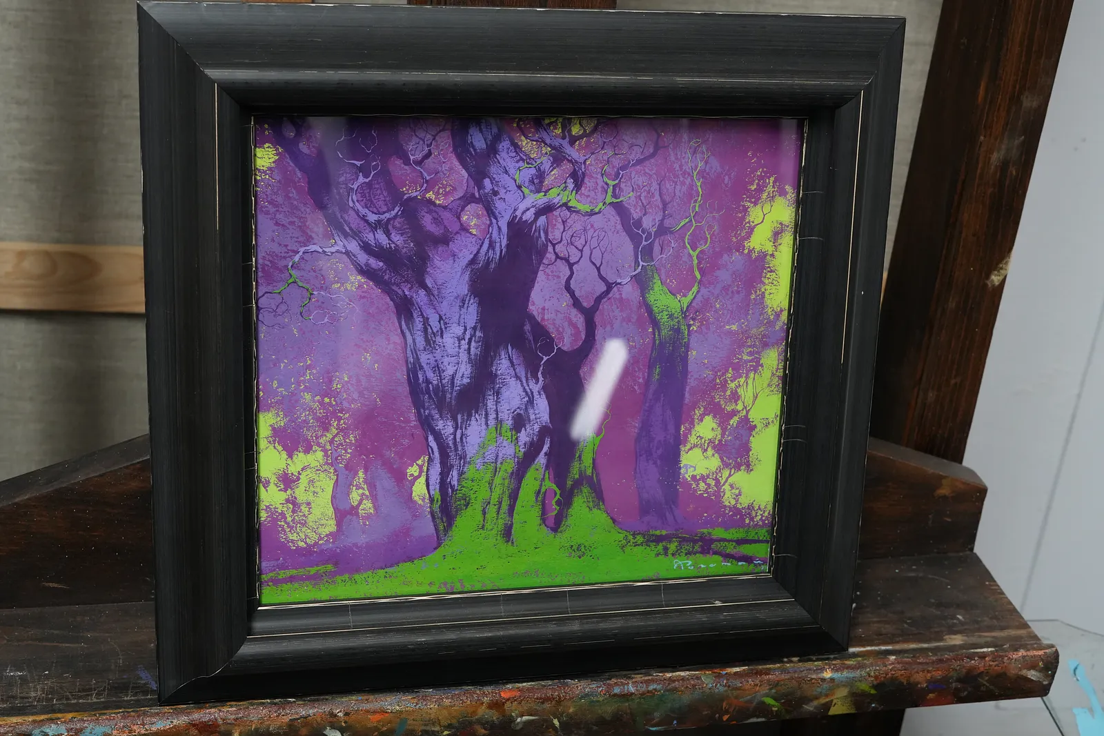 Image of Violet Forest by Artem Rohovyi, size: 27x30, made of Gouache,paper, Painting medium, priced at $800 Photo 2 of 3.